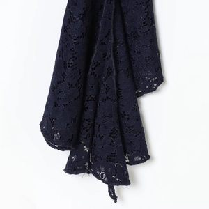 Robe courte élégante en dentelle bleu marine avec col rond et ourlet à volants