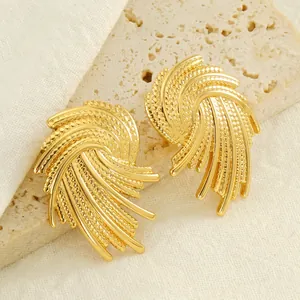 Woven Spiral Stud Earrings 18K Gold Plated Stainless Steel Retro Textured Fan Shape Feather Exaggerated Fashion Women