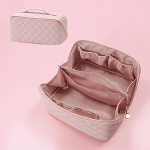 Pink checkered PU leather makeup bag with dual zippers and multi-pocket interior storage