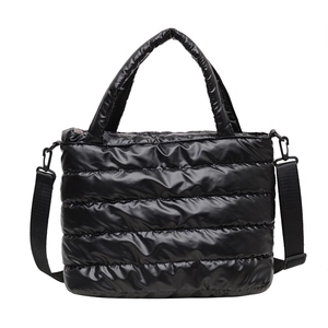 Fashionable black quilted down tote bag with detachable shoulder strap for women