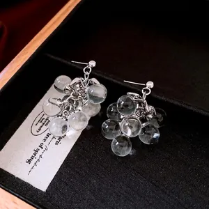 Elegant silver grape cluster tassel earrings with translucent frosted glass beads