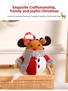 Plush Christmas reindeer ornament with red knit sweater and gray plaid scarf hanging detail