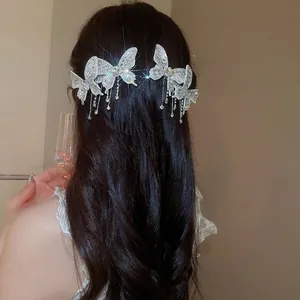 Butterfly Tassel Hair Clips Rhinestone Alloy Duckbill Hairpins Elegant Sparkling Headwear For Women Party Styling