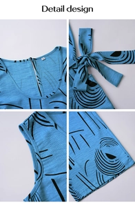 Detail shots of blue printed jumpsuit featuring back button, shoulder ties, and S size label