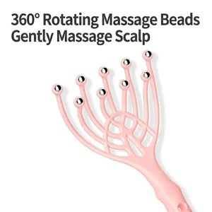Pink 9-claw handheld scalp massager with 360-degree rotating metal balls for stress relief