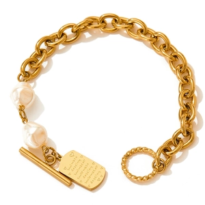 Golden chunky chain bracelet with baroque pearls, OT buckle and soulmate pendant