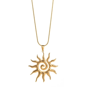 Vintage gold sun flower pendant necklace in titanium steel for women on white background