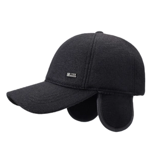 Winter baseball cap for men with ear flaps and 1988 fashion metal tag in black wool