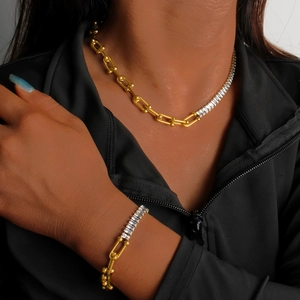 18K gold plated titanium steel U-link chain necklace and bracelet set with cubic zirconia