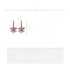 Detailed view of flower stud earrings with purple marquise rhinestones and dimensions
