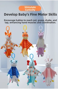Set of six colorful plush baby security blankets with various animal shapes and hooks