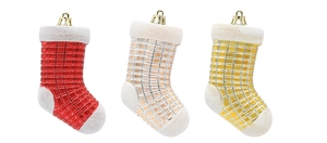 Detailed view of red, silver, and gold plated Christmas stocking ornaments with glitter