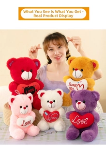 Detailed set of five plush teddy bears in various colors holding embroidered love hearts