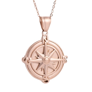 Retro rose gold stainless steel compass pendant necklace with sandblasted finish