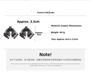 Detail view of black rhinestone bow tassel earrings with dimensions 6cm by 3.5cm