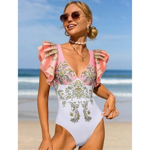Women One Piece Swimsuit Ruffle Sleeve Baroque Floral Print Deep V Neck Beachwear Vacation With Wrap Skirt