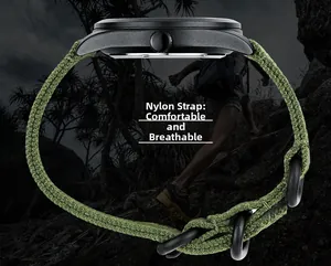 Detail of durable olive green nylon weave watch strap with matte black metal hardware