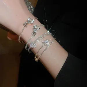 Elegant multi-layer heart zircon bangle set with sparkling silver and gold finish for women