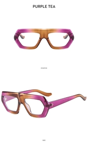 Detailed views of purple and tea gradient geometric flat top eyewear frames from two angles