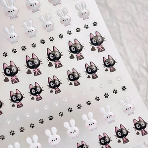 Cute black cat and white rabbit nail art stickers with embossed 3D texture on white base