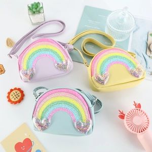 Kids Girls Rainbow Sequin Crossbody Bag PU Leather Heart Glitter Cute Macaron Color Shoulder Purse