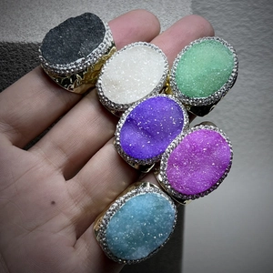 Vintage Alloy Natural White Crystal Druzy Ring For Women Gold Plated Oval Stone Rhinestone Halo Adjustable Open Ring Jewelry