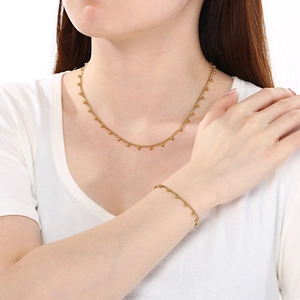 Ensemble collier et bracelet en acier titane doré avec perles pour femme réglable
