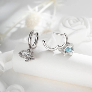 French vintage silver hoop earrings with star and planet pendants and zircon stones