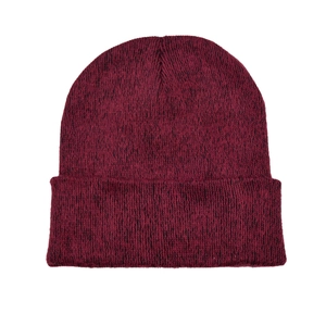 Close-up of burgundy and black mixed-knit texture on a warm winter beanie hat