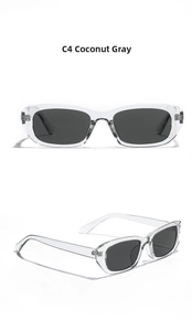 Detail view of Coconut Gray C4 sunglasses with transparent frames and dark gray lenses