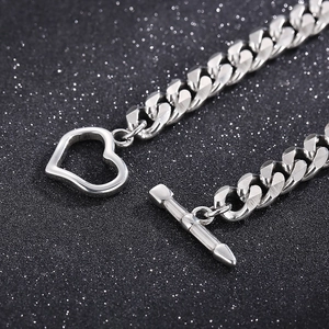 8mm silver titanium steel Cuban chain bracelet with unique heart-shaped OT toggle clasp