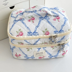 Détail de la trousse de maquillage matelassée double avec nœud bleu et motif rose