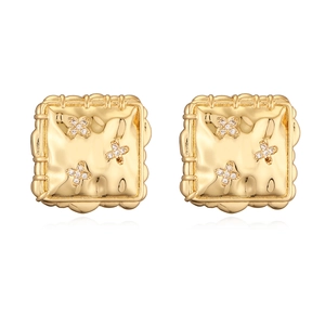 18K gold plated geometric square stud earrings with hammered texture and zircons