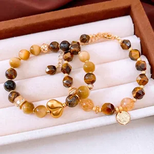 Bracciale di perline occhio di tigre placcato oro 18k con ciondolo a cuore vintage