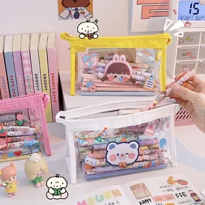 Cute transparent large capacity stationery pouch with bear patterns for student desk use