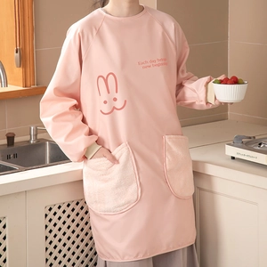 Pink waterproof long-sleeve apron with bunny face print and large plush pockets