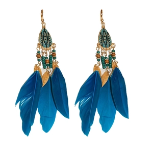 Bohemian long tassel earrings with blue feathers, golden leaves, and vintage beads