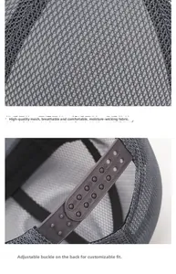 Detail of dark gray mesh sun hat with breathable fabric and snapback closure buckle