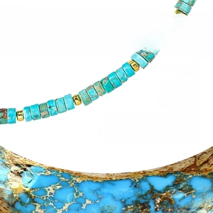 Bohemian turquoise beaded necklace with gold spacers and natural gemstone textures