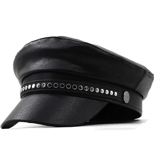 Women PU Leather Newsboy Cap Vintage Flat Top Navy Hat With Metal Rivets Retro Military Style Beret