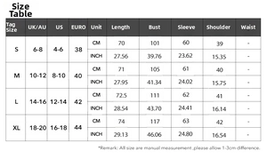 Detailed size chart for women long sleeve casual shirt with UK US and EU measurements