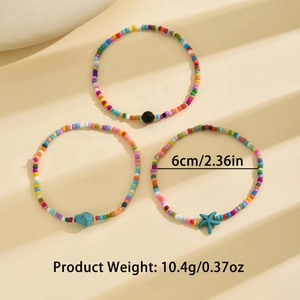 Detailed view of bohemian turquoise starfish bead anklet set with size and weight specs