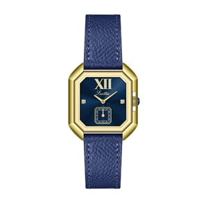 Élégante montre Scottie carrée en or pour femme avec cadran bleu marine et bracelet en cuir