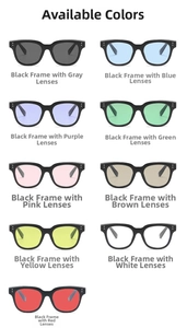 Matrix display showing nine colorful lens variants of black square frame sunglasses