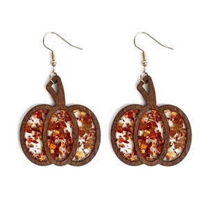 Halloween pumpkin drop earrings with wood frame and orange glitter resin inlays