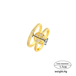 Double-layer gold clover ring with zircons featuring 1.7cm inner diameter and 4g weight