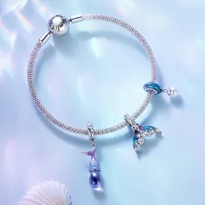 S925 silver bracelet featuring fish tail charm and dreamlike pearl with ocean theme