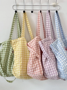 Sweet plaid canvas tote bags in five pastel colors with red letter embroidery