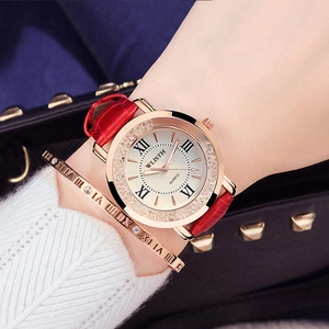 Minimalist quartz watch for women with golden rhinestone case and red leather strap