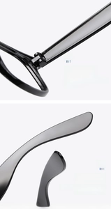 Detailsicht der robusten Metallscharniere und ergonomischen Bügel an schwarzen Brillengestellen